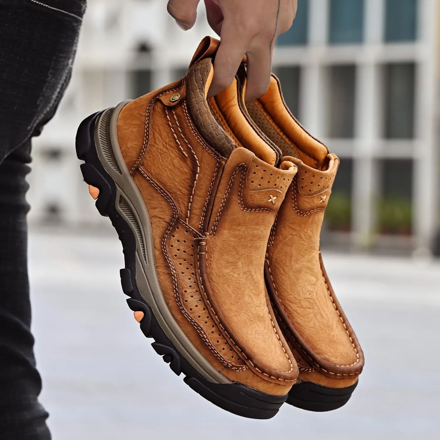 Mens Slip On Casual Loafers Classic Outdoor Leather Walking Hiking Shoes Comfortable for Work Office Dress Outdoor High Top