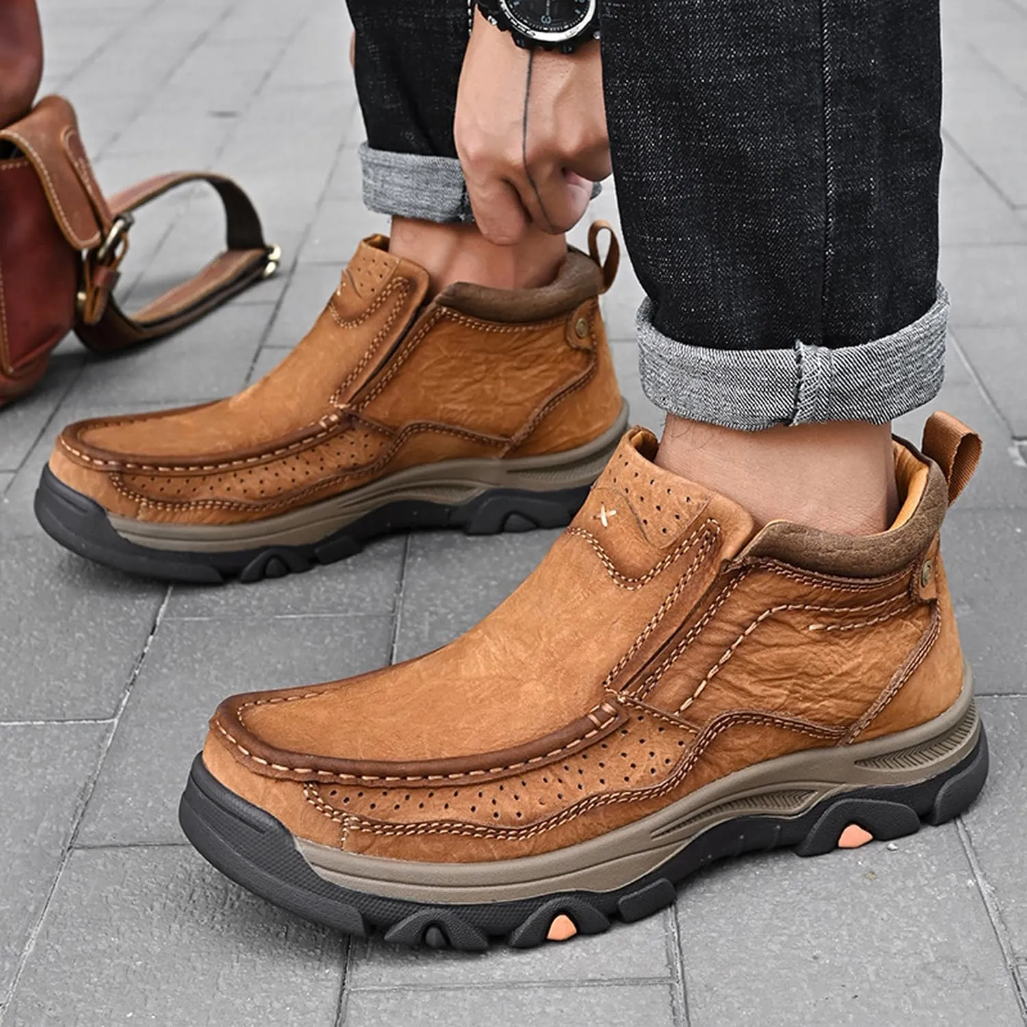 Mens Slip On Casual Loafers Classic Outdoor Leather Walking Hiking Shoes Comfortable for Work Office Dress Outdoor High Top