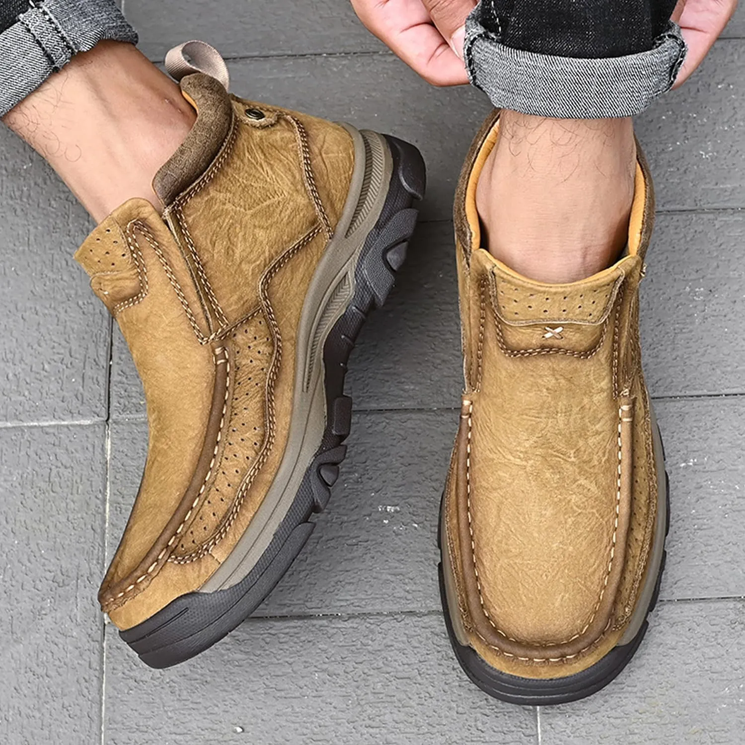 Mens Slip On Casual Loafers Classic Outdoor Leather Walking Hiking Shoes Comfortable for Work Office Dress Outdoor High Top