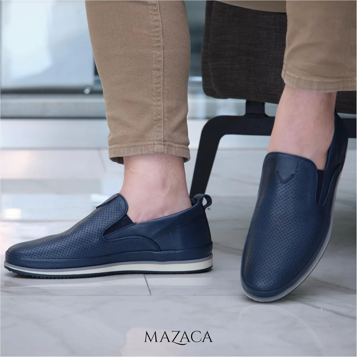 Men's Slip-On Loafers, Classic Fashion Sneakers, Flats Casual Lightweight Comfortable Breathable Mesh Perfed Leather Upper, Lining and Insole, Thermoplastic Sole