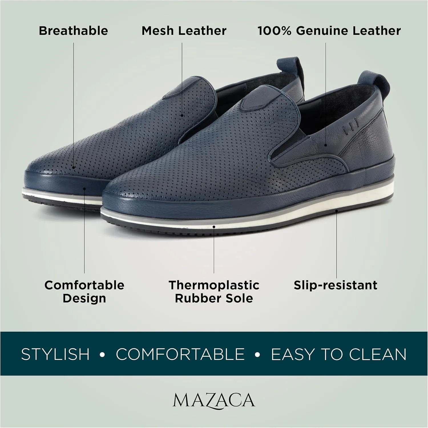 Men's Slip-On Loafers, Classic Fashion Sneakers, Flats Casual Lightweight Comfortable Breathable Mesh Perfed Leather Upper, Lining and Insole, Thermoplastic Sole