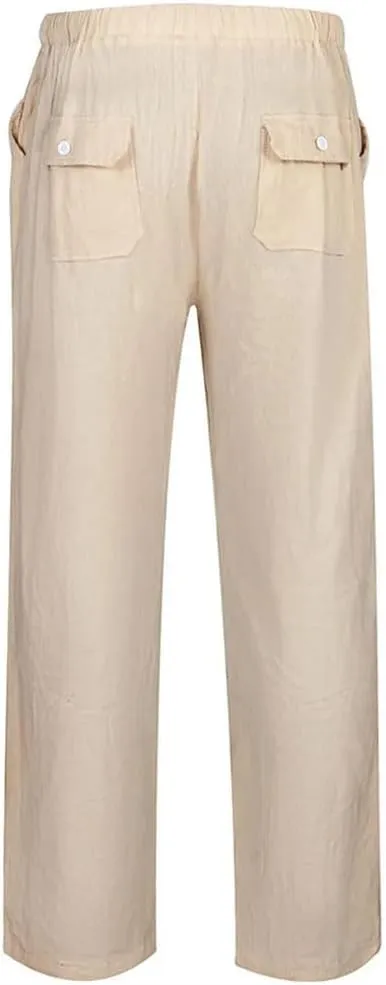 Men's Solid Color Casual Simple Cotton and Linen Elastic Drawstring Stitching Wide-Leg Trousers