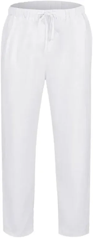 Men's Solid Color Casual Simple Cotton and Linen Elastic Drawstring Stitching Wide-Leg Trousers