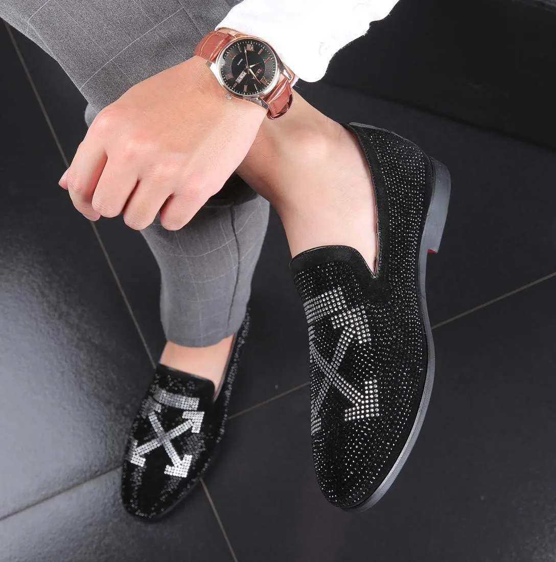 Men's Vintage Fashion Rhinestone Designer Dress Loafers Slip On Shoes Classic Tuxedo Dress Shoes