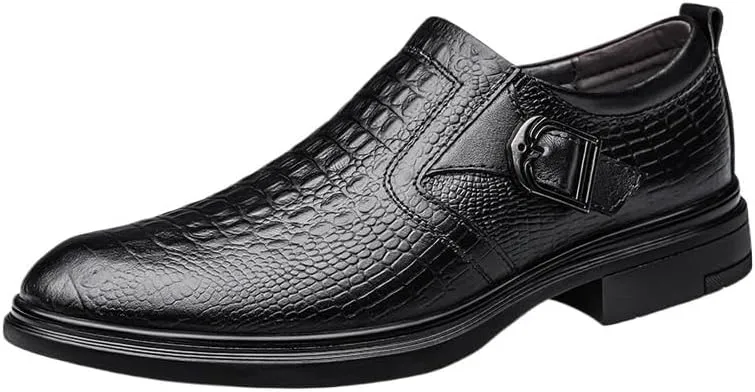 Men's Vintage Monk Loafers with Buckle, Leather Slip-On Dress Shoes, Comfortable Wedding & Party Oxfords, Fashion Crocodile Pattern Height Increase Shoes