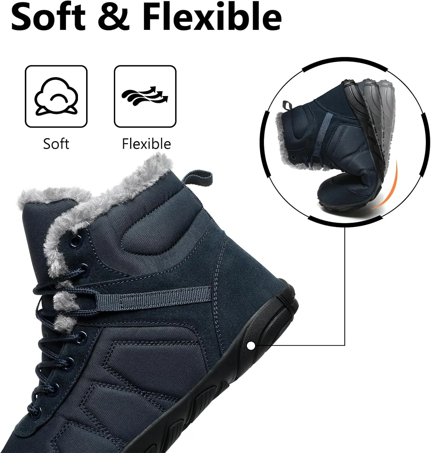 Mens Womens Snow Boots Winter Barefoot Shoes Warm Fur Lined Short Ankle Booties Outdoor Anti-Slip Wide Toe Box Walking Winter Shoes