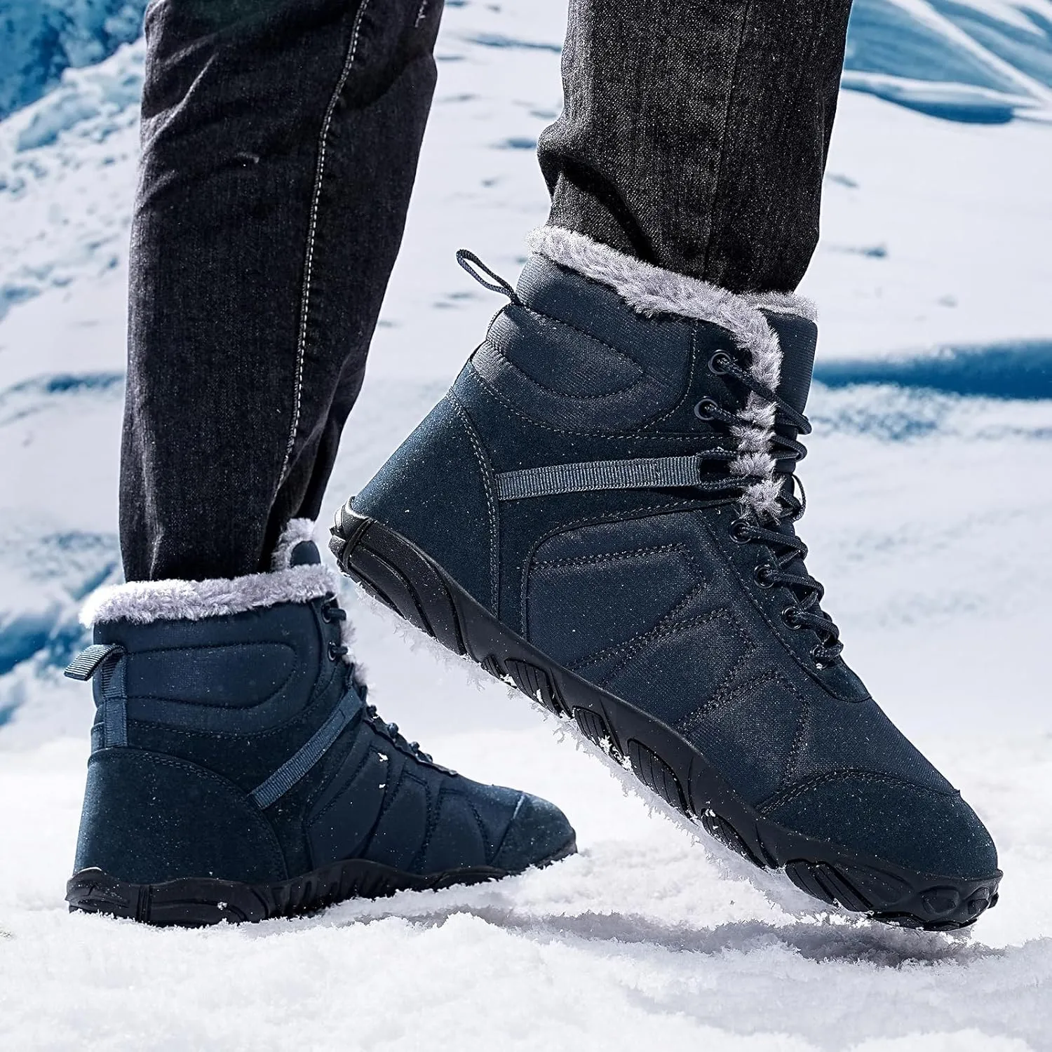 Mens Womens Snow Boots Winter Barefoot Shoes Warm Fur Lined Short Ankle Booties Outdoor Anti-Slip Wide Toe Box Walking Winter Shoes