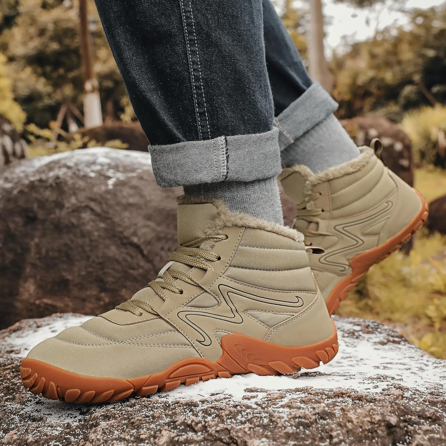 Mens Womens Winter Hiking Boots Wide Toe Box Warm Snow Boots Minimalist Barefoot Boots Zero Drop Sole Waterproof Non-Slip Ankle Booties
