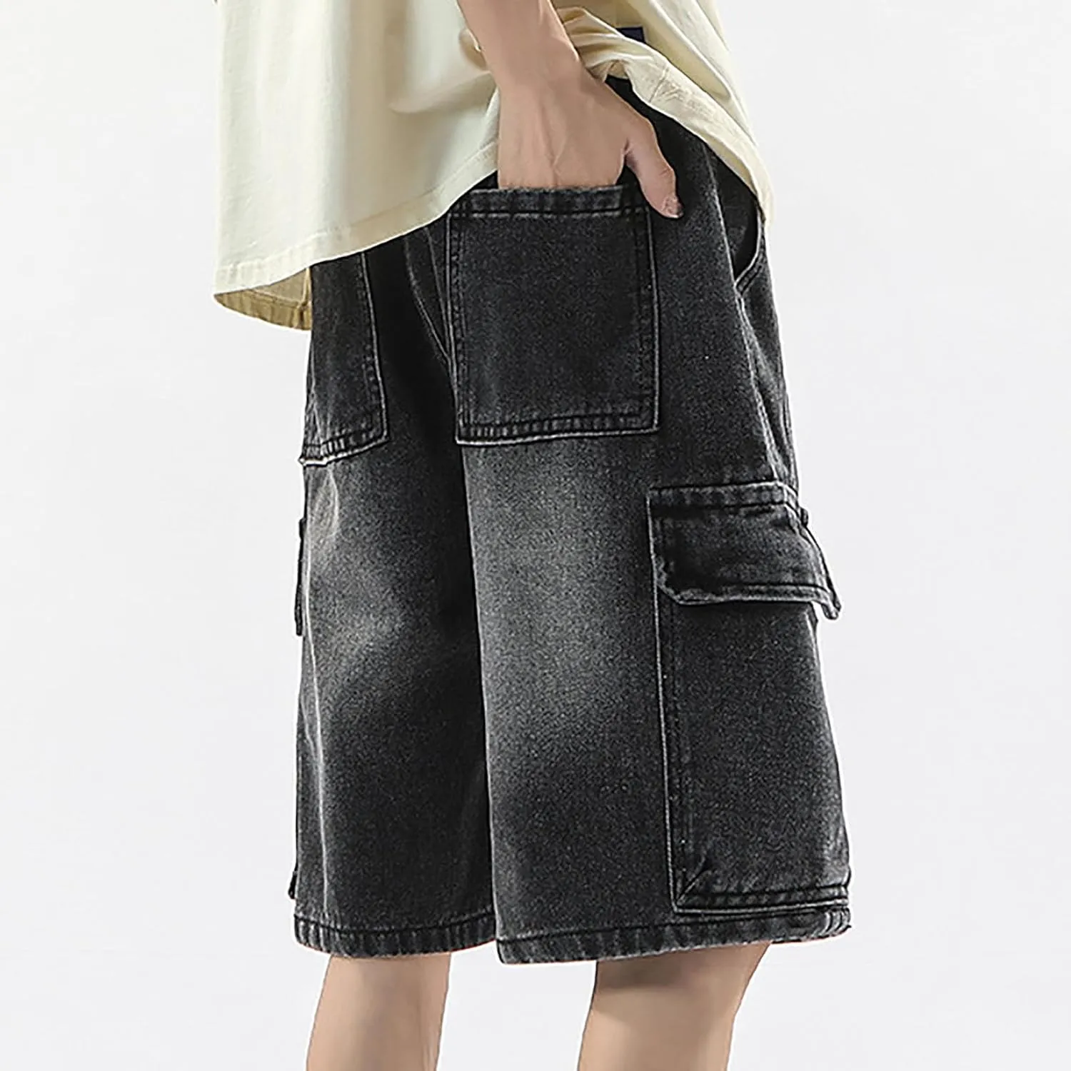 Mens Y2K Vintage Baggy Jean Shorts Wide Leg Hip Hop Mid Loose Denim Shorts with Pockets Streetwear