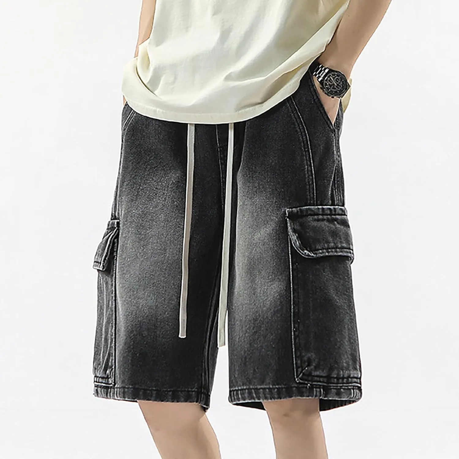 Mens Y2K Vintage Baggy Jean Shorts Wide Leg Hip Hop Mid Loose Denim Shorts with Pockets Streetwear
