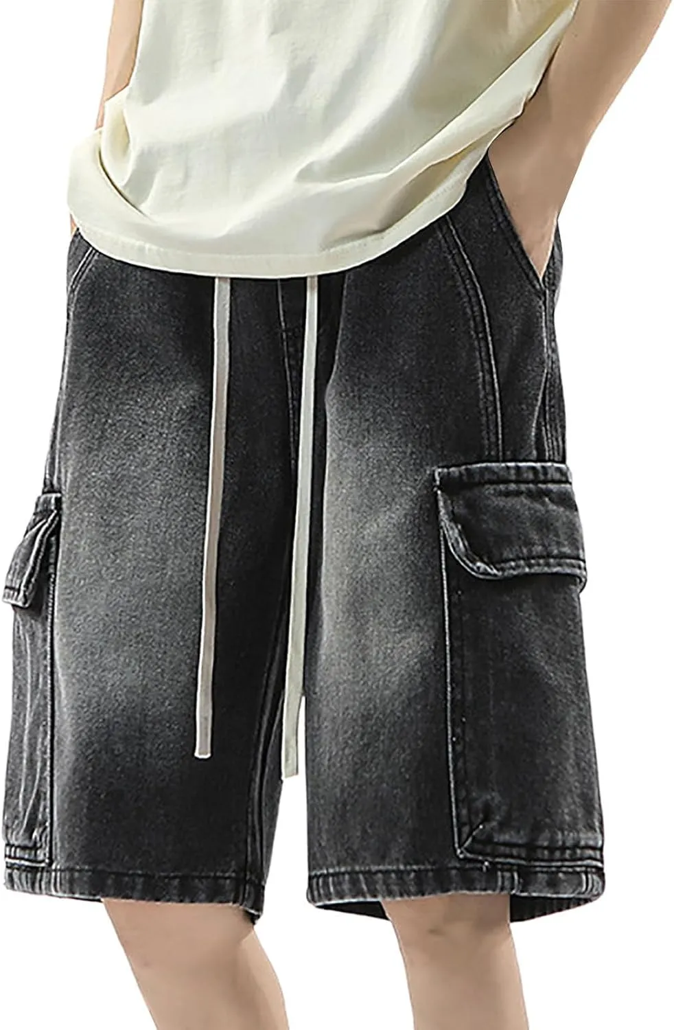Mens Y2K Vintage Baggy Jean Shorts Wide Leg Hip Hop Mid Loose Denim Shorts with Pockets Streetwear