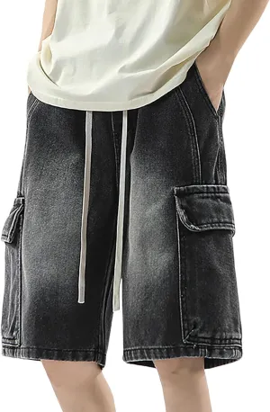 Mens Y2K Vintage Baggy Jean Shorts Wide Leg Hip Hop Mid Loose Denim Shorts with Pockets Streetwear