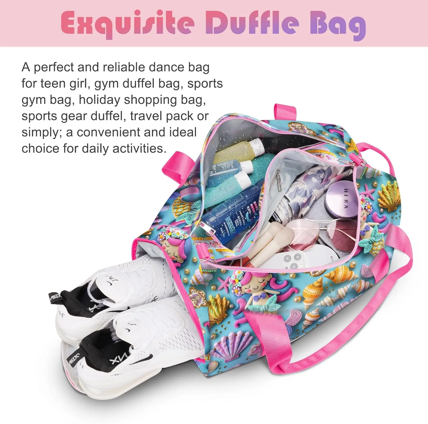Mermaid Duffle Bag for Girls and Woman,Dance Bag Girls,Overnight Bag Gymnastics Sports Bag for Kids with Shoe Compartments,Woman Travel Weekender Sleepover Carry On Bag