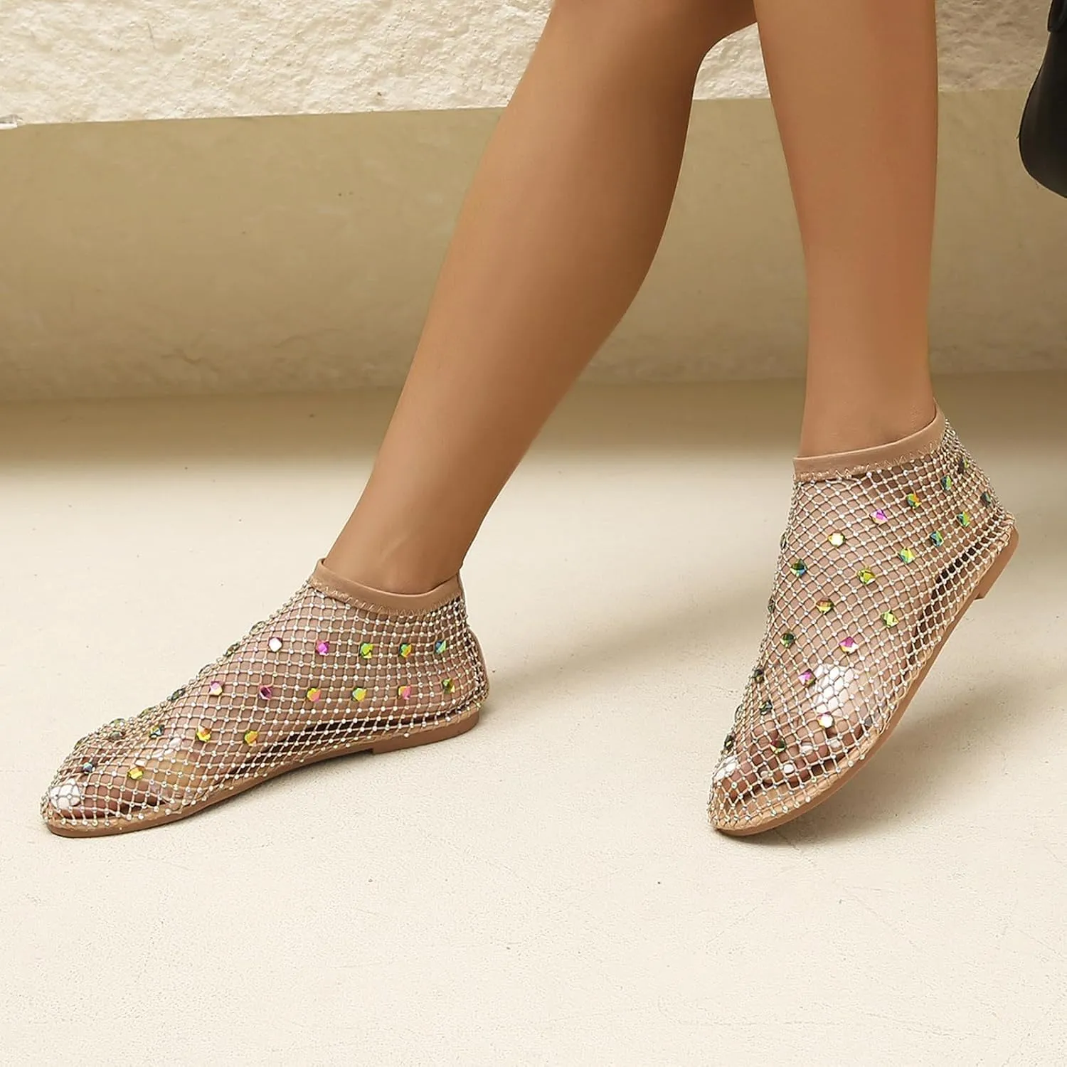 Mesh Flats for Women Comfortable Fishnet Summer Flats Slides Sandals Rhinestone Sandals for Women Dressy Boho Shoes Stiletto High Heel Casual Shoes Breathable
