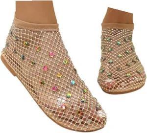 Mesh Flats for Women Comfortable Fishnet Summer Flats Slides Sandals Rhinestone Sandals for Women Dressy Boho Shoes Stiletto High Heel Casual Shoes Breathable