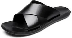 MGGMOKAY Mens Leather Slides Men's Cross Sandals Lightweight Open Toe Slipper for Summer