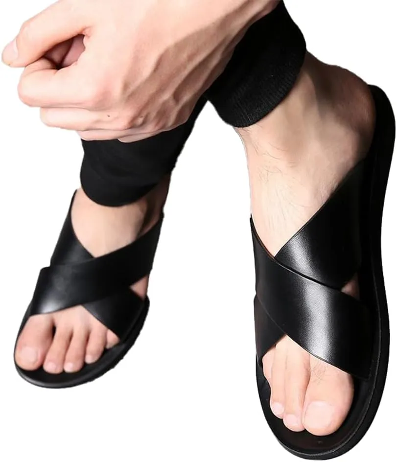 MGGMOKAY Mens Leather Slides Men's Cross Sandals Lightweight Open Toe Slipper for Summer
