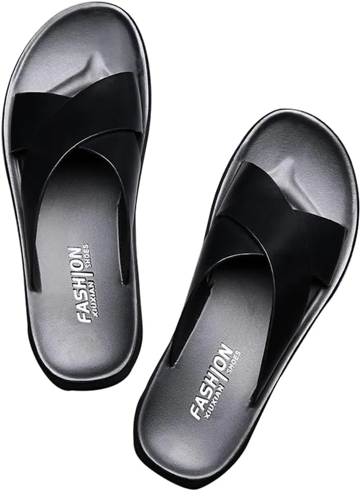 MGGMOKAY Mens Leather Slides Men's Cross Sandals Lightweight Open Toe Slipper for Summer