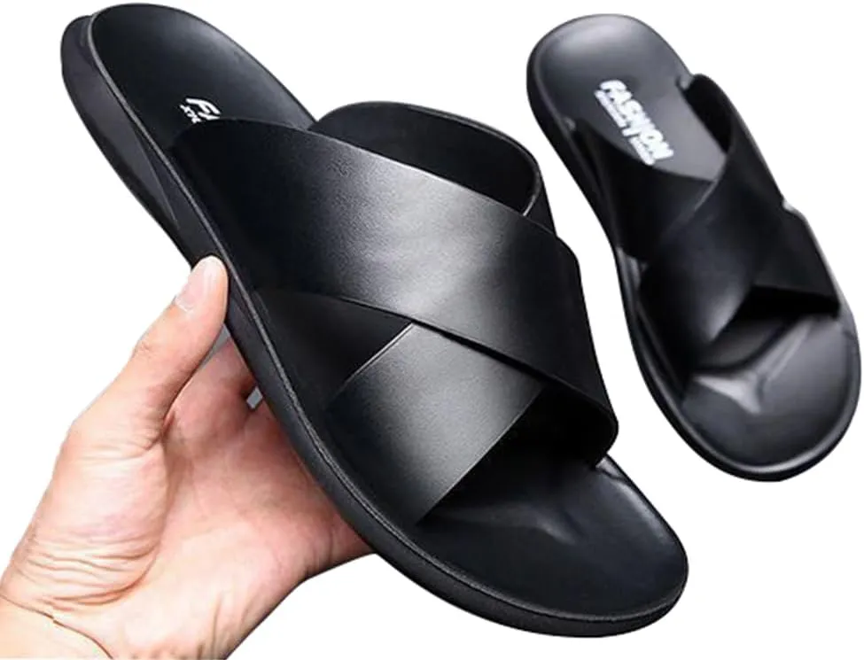 MGGMOKAY Mens Leather Slides Men's Cross Sandals Lightweight Open Toe Slipper for Summer