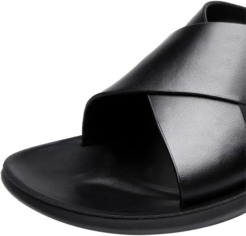 MGGMOKAY Mens Leather Slides Men's Cross Sandals Lightweight Open Toe Slipper for Summer