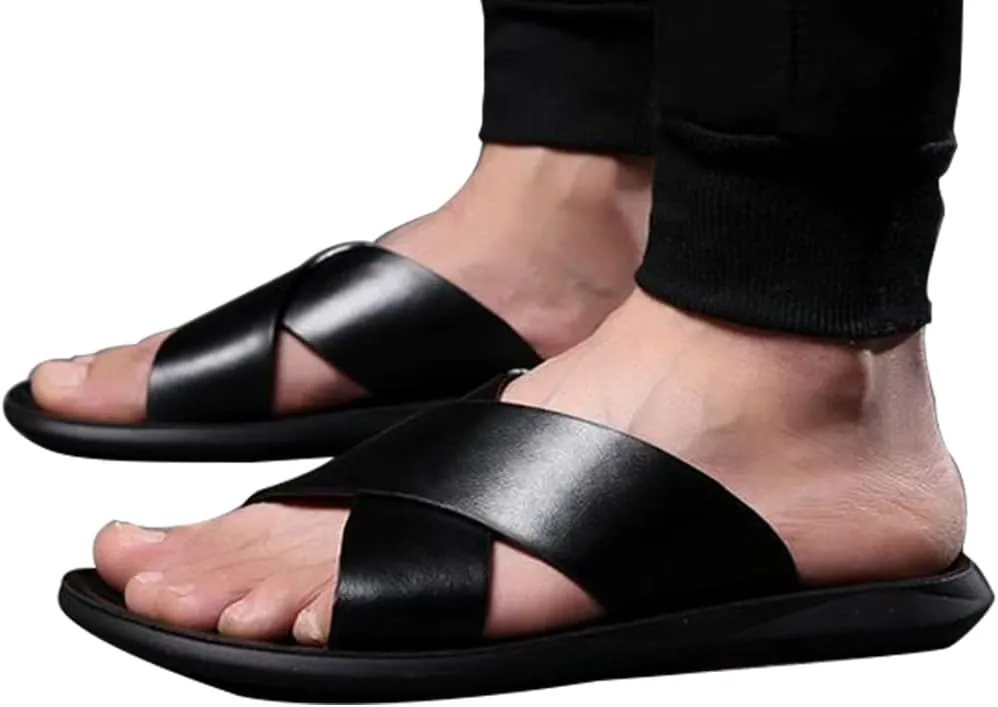 MGGMOKAY Mens Leather Slides Men's Cross Sandals Lightweight Open Toe Slipper for Summer