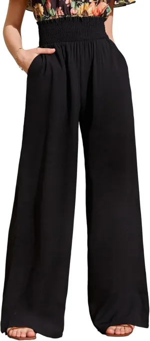 Milumia Girl's Casual Smocked Paperbag High Waist Pocket Wide Leg Pants Black 10Y