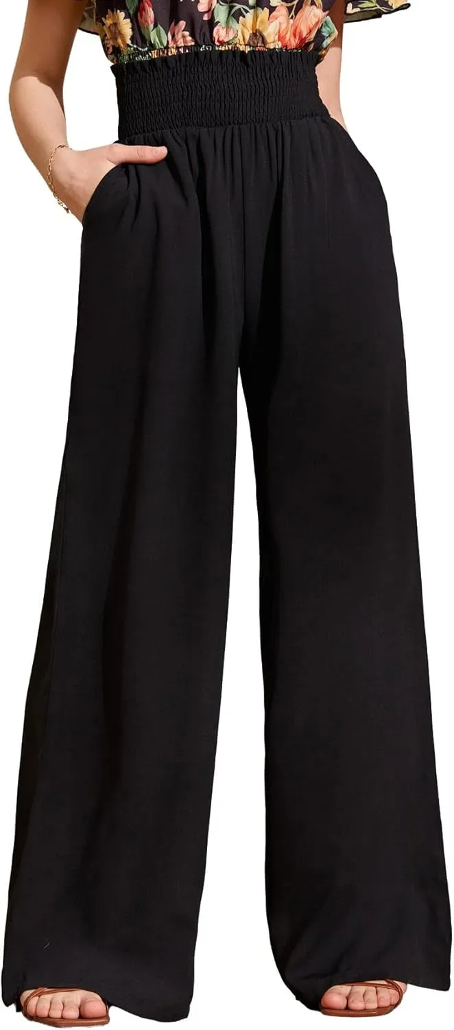 Milumia Girl's Casual Smocked Paperbag High Waist Pocket Wide Leg Pants Black 10Y