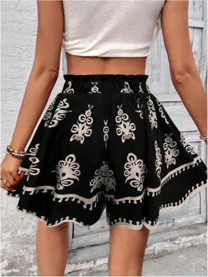 Milumia Women's Casual Boho Floral Skorts Summer High Waist Wide Leg Flowy Shorts Black Large