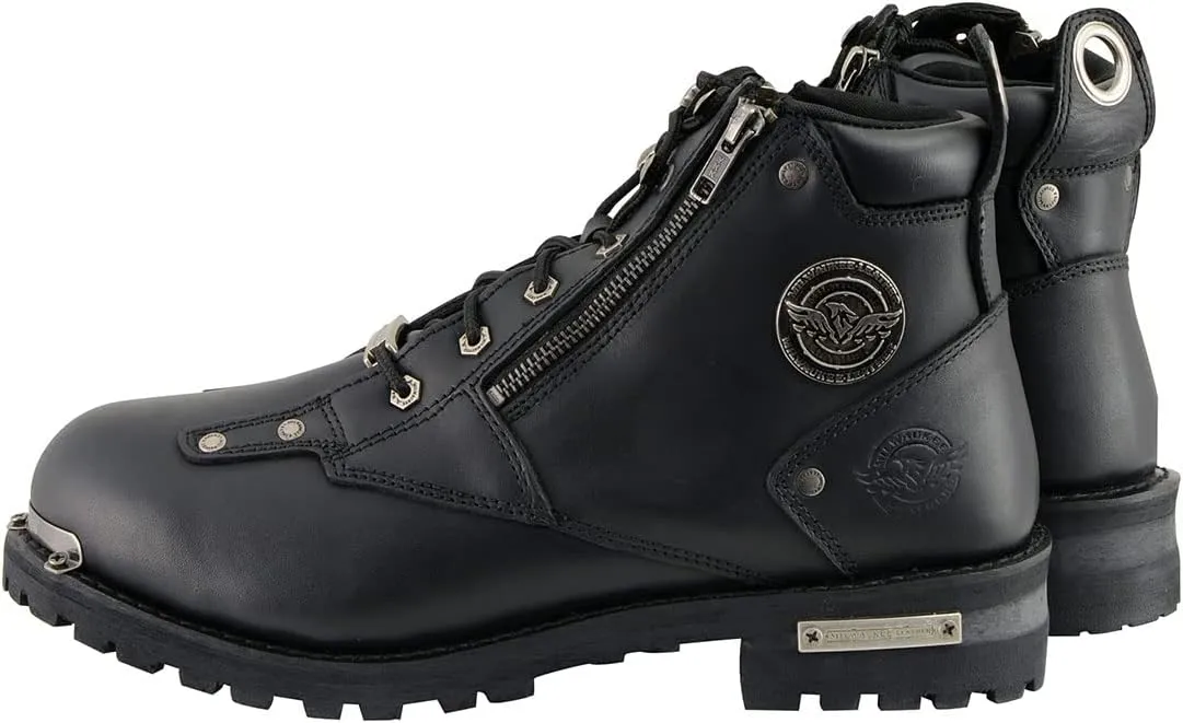 Milwaukee Leather MBM103 Men's Black Leather Lace-Up Motorcycle Boots w/Dual Side Zipper Entry - 8.5