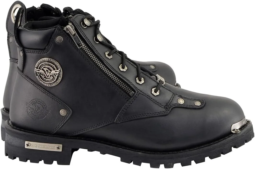 Milwaukee Leather MBM103 Men's Black Leather Lace-Up Motorcycle Boots w/Dual Side Zipper Entry - 8.5