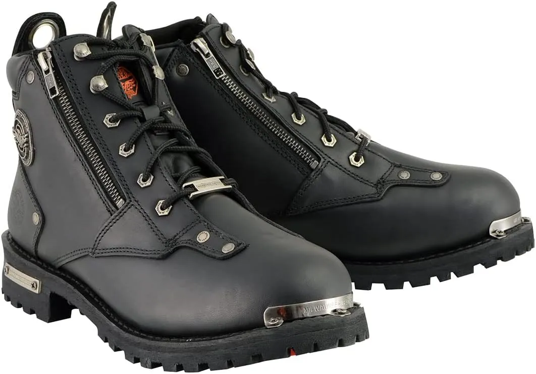 Milwaukee Leather MBM103 Men's Black Leather Lace-Up Motorcycle Boots w/Dual Side Zipper Entry - 8.5