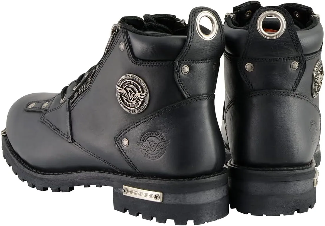 Milwaukee Leather MBM103 Men's Black Leather Lace-Up Motorcycle Boots w/Dual Side Zipper Entry - 8.5