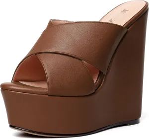 MODENCOCO Womens Sexy Slip On Party Open Toe Matte Casual Wedge High Heel Platforms Dressy Sandals 6 Inch