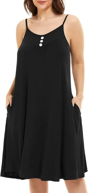 MONNURO Women's Full Slip Sleeveless Plus Size Sleepwear Night Dress V Neck Button Nightshirts with Pockets
