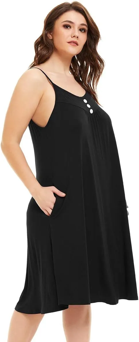 MONNURO Women's Full Slip Sleeveless Plus Size Sleepwear Night Dress V Neck Button Nightshirts with Pockets