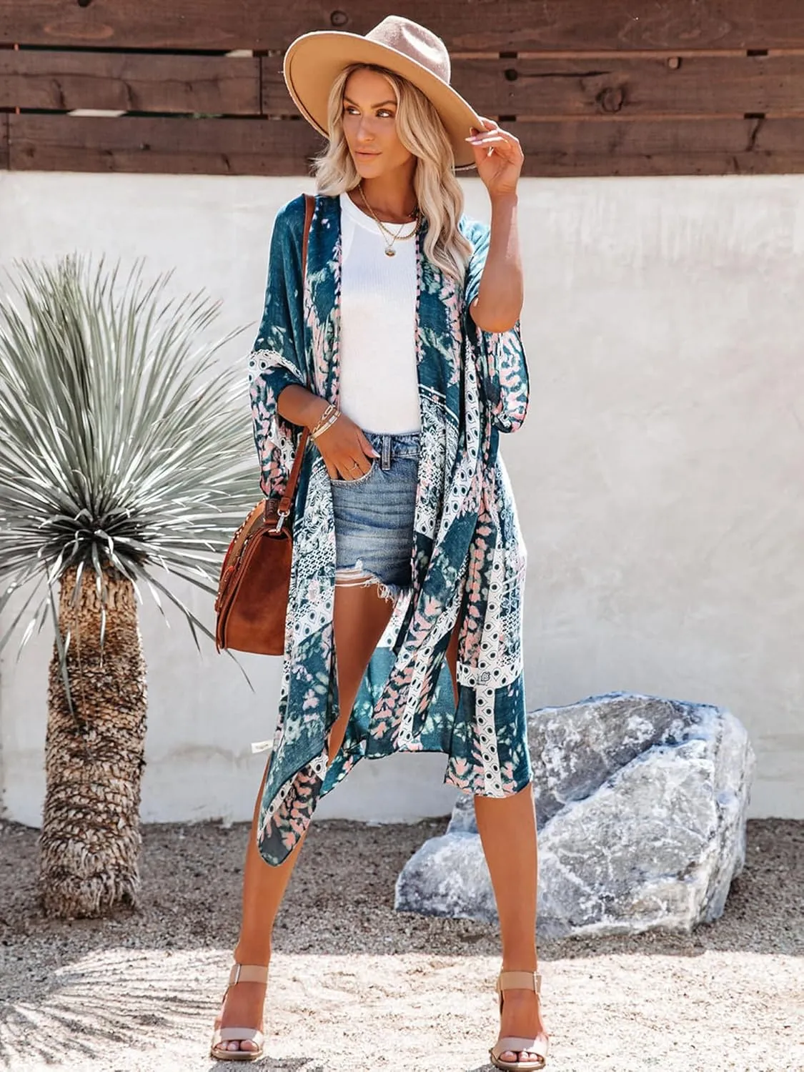 Moss Rose Women's Beach Cover up Swimsuit Kimono with Bohemian Floral Print, Loose Casual Resort Wear