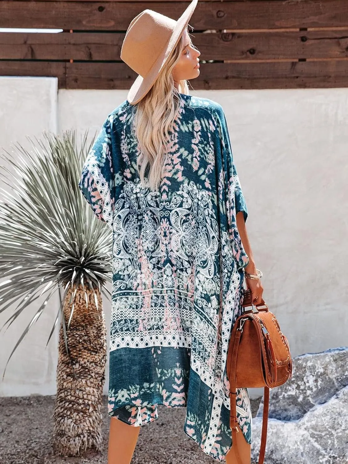 Moss Rose Women's Beach Cover up Swimsuit Kimono with Bohemian Floral Print, Loose Casual Resort Wear