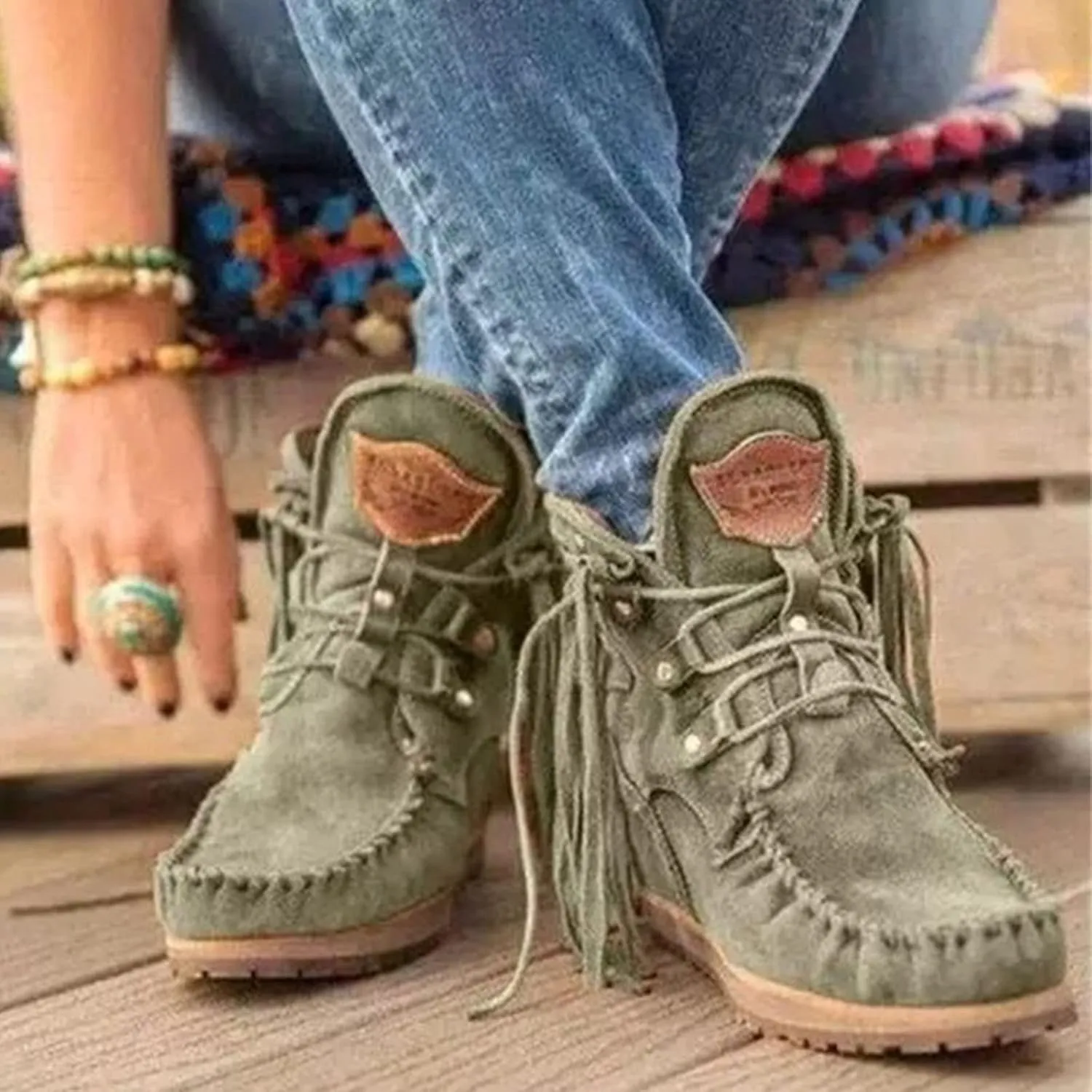 MOYOWEI Women's Vintage Cowboy Fringed Ankle Boots,Lightweight Comfy Suede High Top Round Toe Hippie Moccasin Short Booties