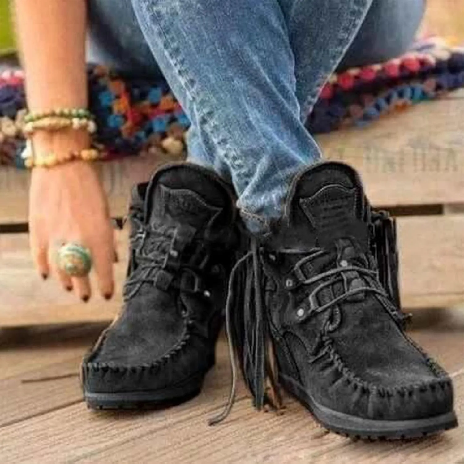 MOYOWEI Women's Vintage Cowboy Fringed Ankle Boots,Lightweight Comfy Suede High Top Round Toe Hippie Moccasin Short Booties
