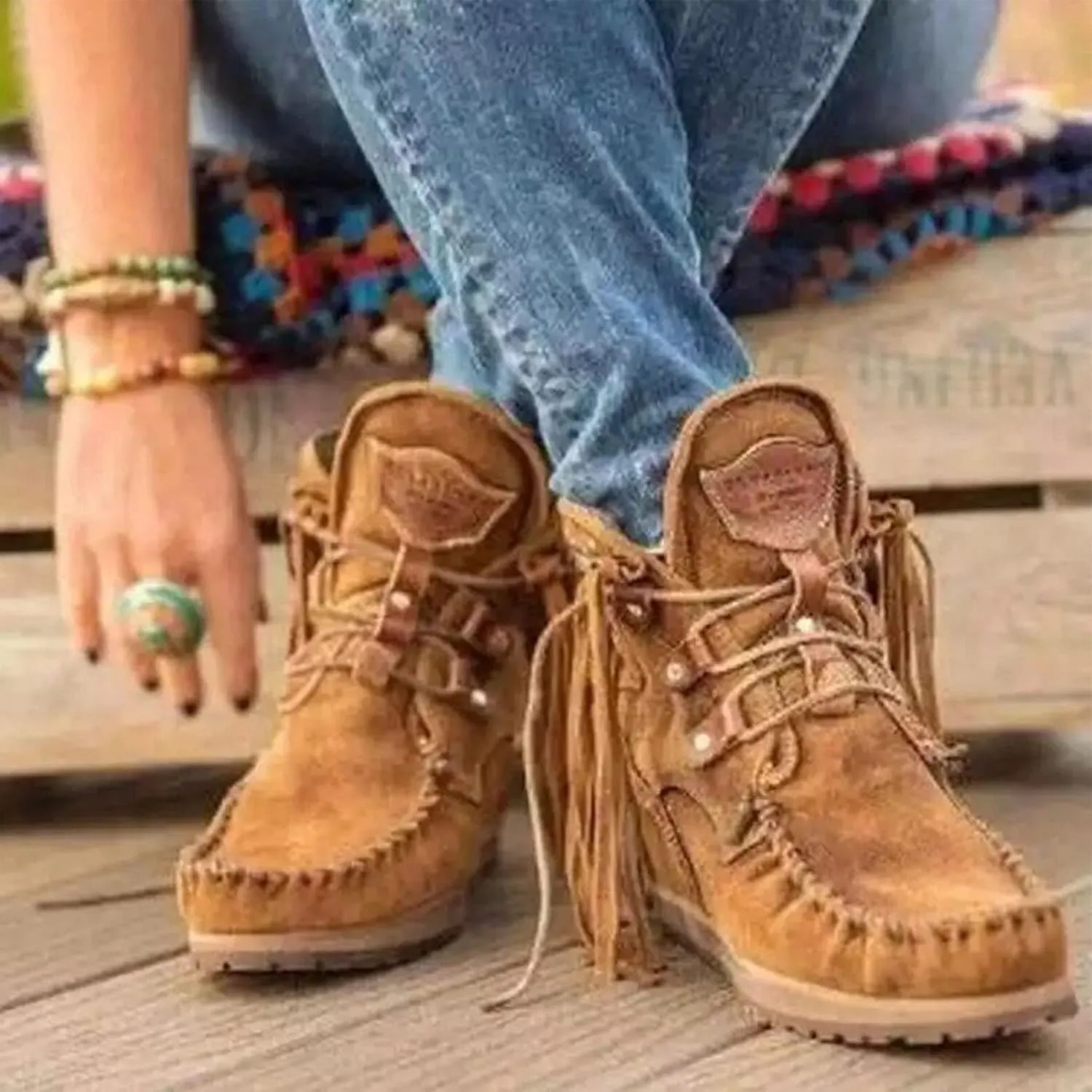 MOYOWEI Women's Vintage Cowboy Fringed Ankle Boots,Lightweight Comfy Suede High Top Round Toe Hippie Moccasin Short Booties