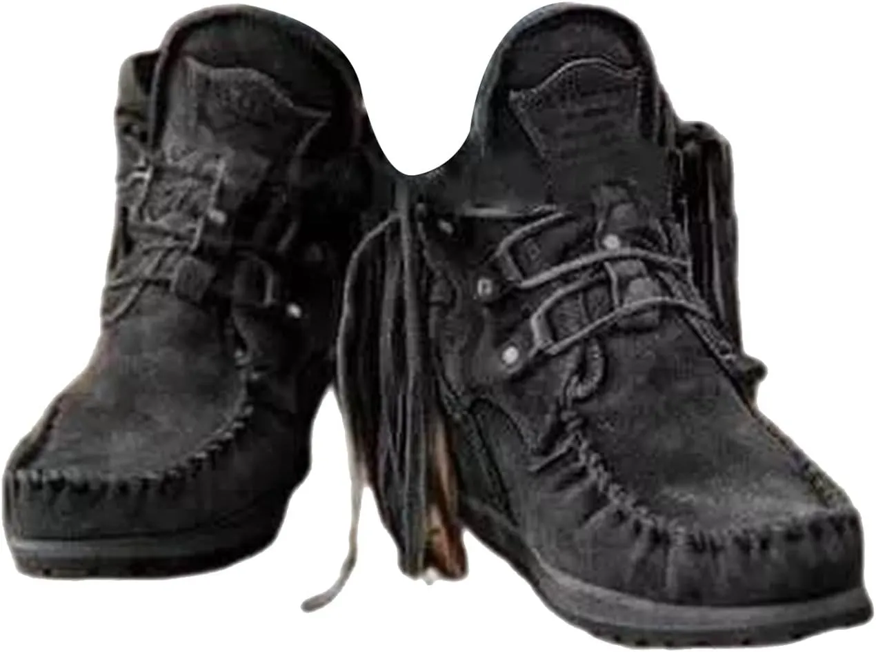 MOYOWEI Women's Vintage Cowboy Fringed Ankle Boots,Lightweight Comfy Suede High Top Round Toe Hippie Moccasin Short Booties