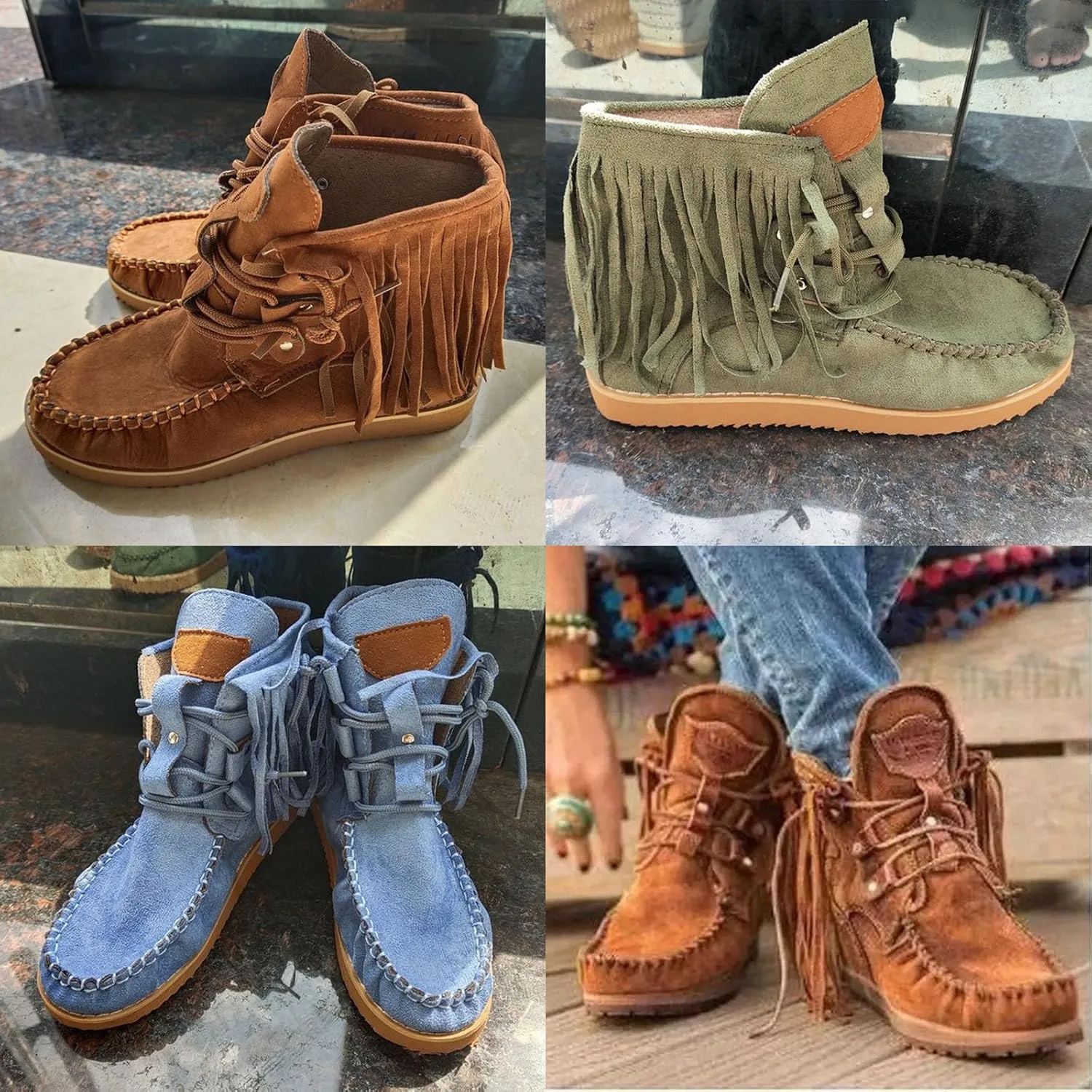 MOYOWEI Women's Vintage Cowboy Fringed Ankle Boots,Lightweight Comfy Suede High Top Round Toe Hippie Moccasin Short Booties