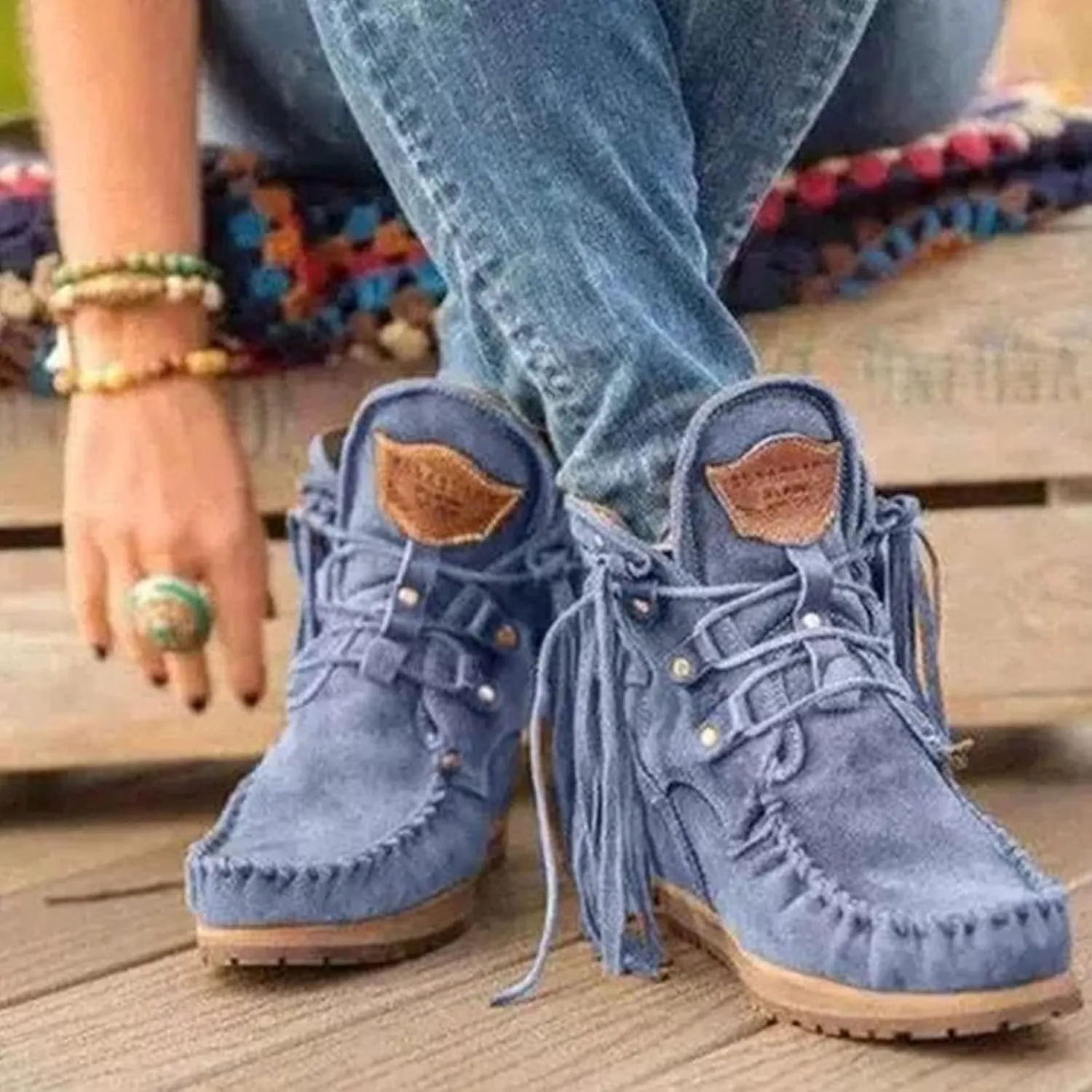 MOYOWEI Women's Vintage Cowboy Fringed Ankle Boots,Lightweight Comfy Suede High Top Round Toe Hippie Moccasin Short Booties
