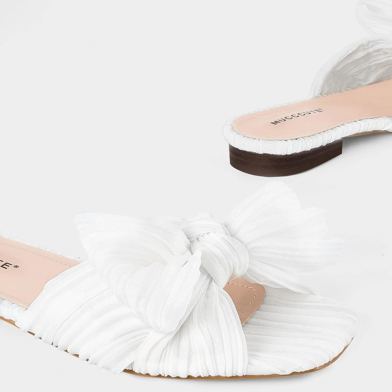 MUCCCUTE Bow Sandals for Women Square Open Toe Flat Sandals Slip on Casual Cute Summer Slides for Vacation Wedding