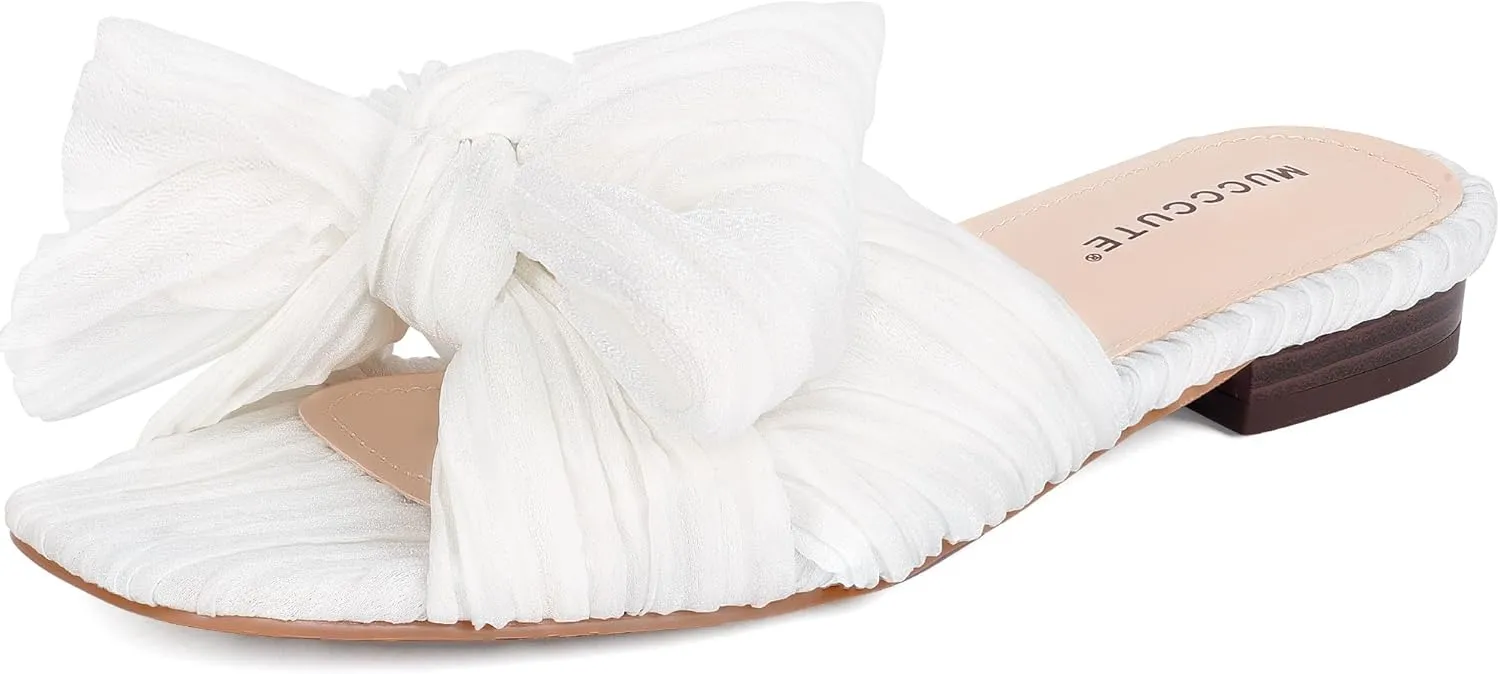MUCCCUTE Bow Sandals for Women Square Open Toe Flat Sandals Slip on Casual Cute Summer Slides for Vacation Wedding