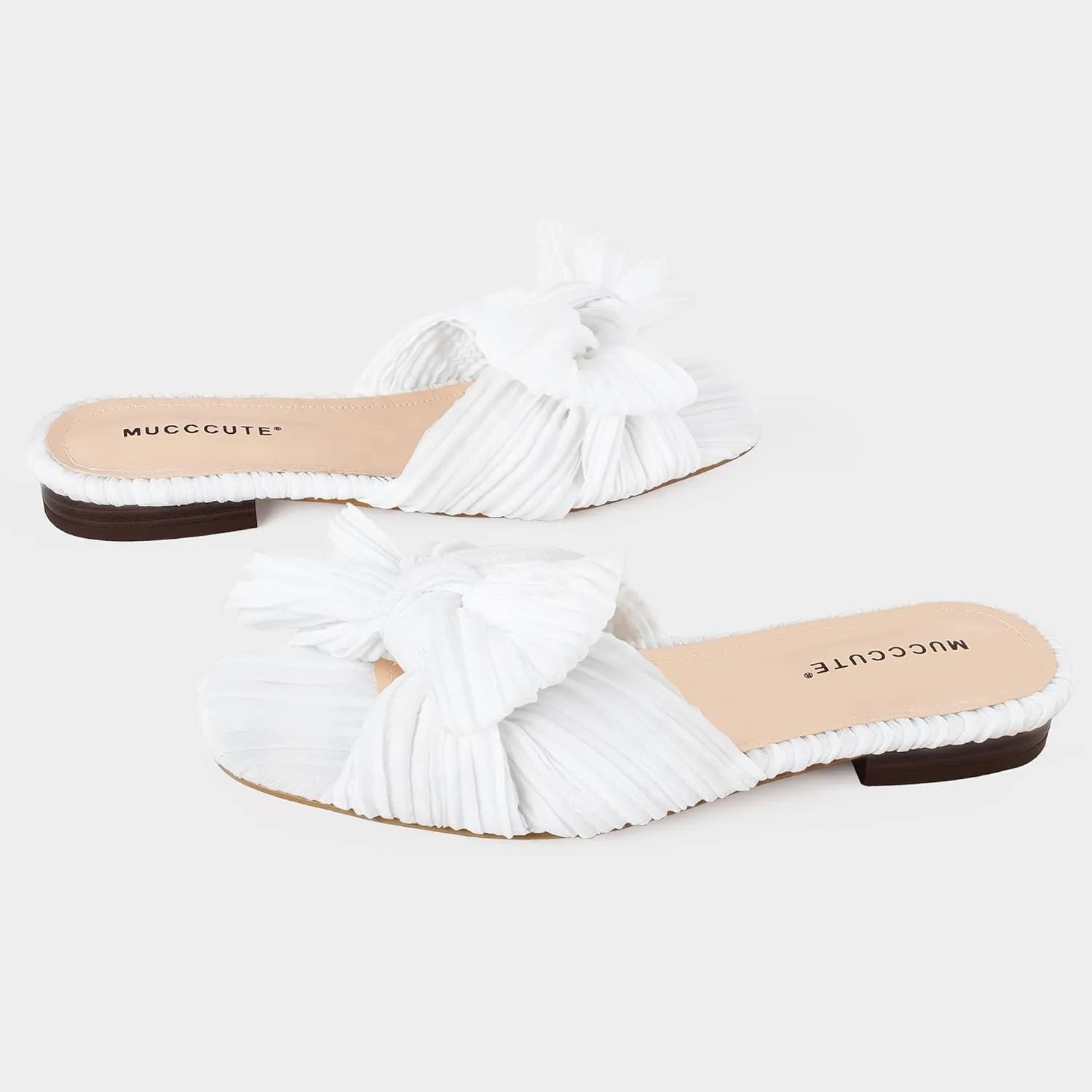 MUCCCUTE Bow Sandals for Women Square Open Toe Flat Sandals Slip on Casual Cute Summer Slides for Vacation Wedding