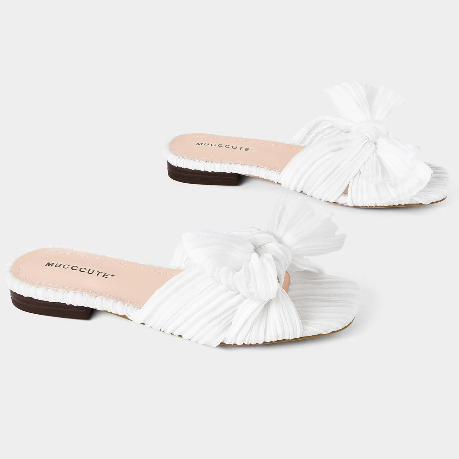 MUCCCUTE Bow Sandals for Women Square Open Toe Flat Sandals Slip on Casual Cute Summer Slides for Vacation Wedding