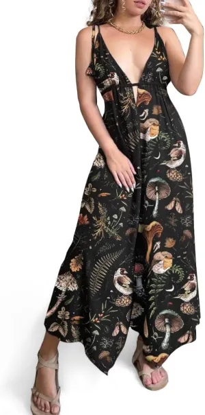 Mushrooms Fairyland Forest Forest Nature Print, V-neck Jumpsuit, Sleeveless, Backless, Tie Halters