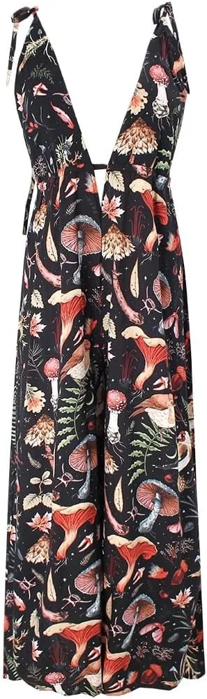 Mushrooms Fairyland Forest Forest Nature Print, V-neck Jumpsuit, Sleeveless, Backless, Tie Halters