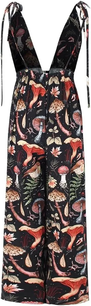 Mushrooms Fairyland Forest Forest Nature Print, V-neck Jumpsuit, Sleeveless, Backless, Tie Halters